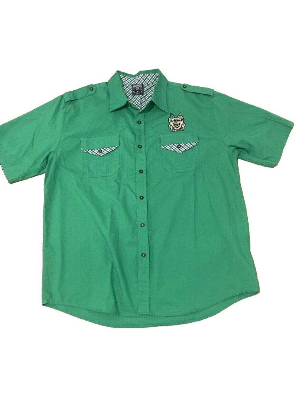 Avirex Green Military Style Button Short Sleeve Embroidered Patch Shirt Sz XL